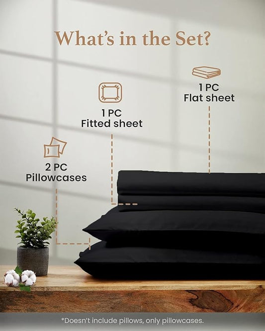 Good Sleep Bedding Twin Sheets - 100% Egyptian Cotton Twin Sheet Set, 3Pc, 1000 TC, Sateen Weave, Hotel Quality Sheets, Twin Size Bed Set, Soft, 16" Deep Pocket - Black