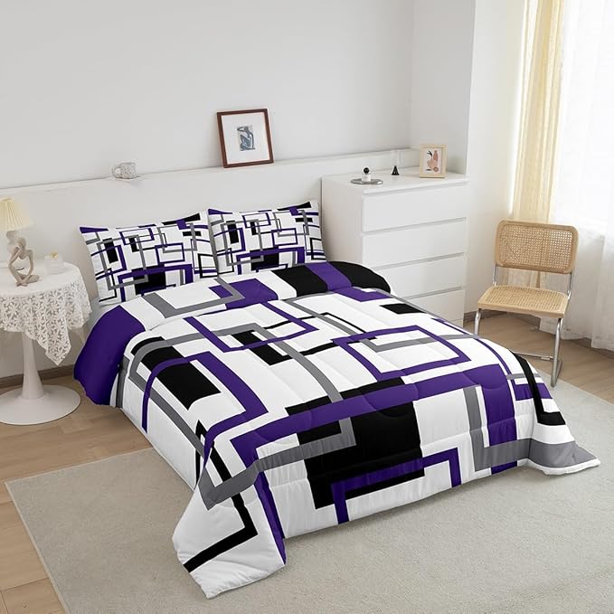 Erosebridal Geometric Comforter Set for Kids Boys Girls,Vintage Black White Grey Purple Bedding Set Twin Size,Modern Farmhouse Quilt Bedroom Decor,Striped Pattern Duvet Insert with 1 Pillow Sham