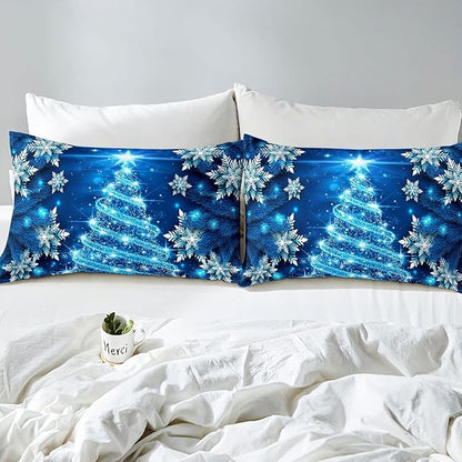 Feelyou Girls Christmas Tree Comforter Set Blue Xmas Theme Comforter Twin Chic Winter Snowflake Bedding Set for Girls Daughter Bedroom Decor Soft Girly Glitter Quilted Duvet Winter Warm Bedding