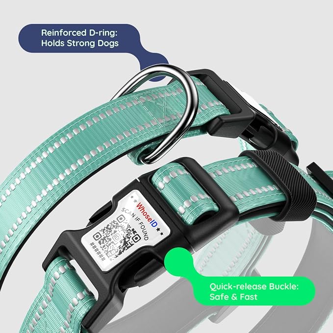 Airtag Dog Collar, Reflective Ultra-Durable Nylon Padded with QR Code Buckle & IP68 Waterproof Air Tag Holder Compatible for Apple AirTag, Comfortable for Small Medium Large Dogs(Green,S)