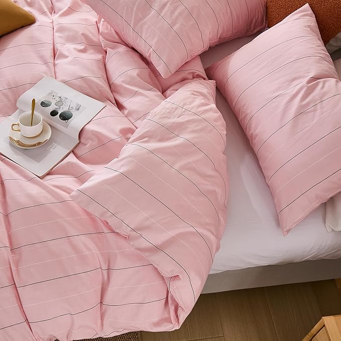 Merryword Pink Striped Duvet Cover Set Queen Size - 100% Cotton Bedding Set with Wide Zipper & 8 Corner Ties, Soft Breathable Bedding Set Elegant Pastel Comforter Cover for All Seasons