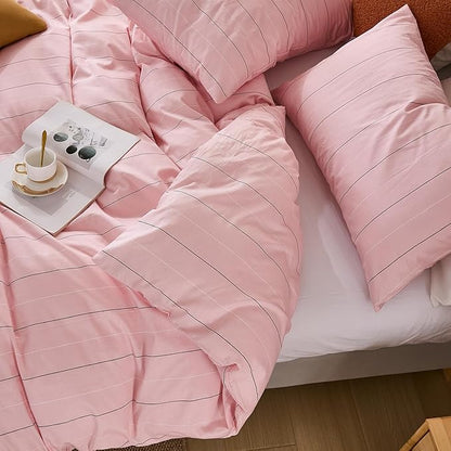 Merryword Pink Striped Duvet Cover Set King Size - 100% Cotton Bedding Set with Wide Zipper & 8 Corner Ties, Soft Breathable Bedding Set Elegant Pastel Comforter Cover for All Seasons