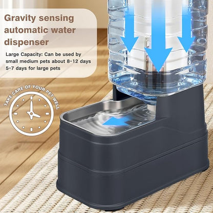 1.1 Gallon Pet Automatic Dog Water Dispenser Cat Gravity Waterer Feeder with Stainless Steel Bowl Large Capacity Puppy Feeding Raised Bowls with Filter,Ice Pack (Charcoal Gray, 4L(1.1 Gallon))