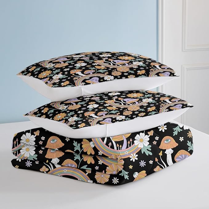 SOULZZZ Retro Hippie Mushroom Bedding Set Queen Size, Floral Daisy Mushroom Quilt for Girls Women Flower Green Leaf Rainbow Mushroom Black Comforter with 2 Pillowcases