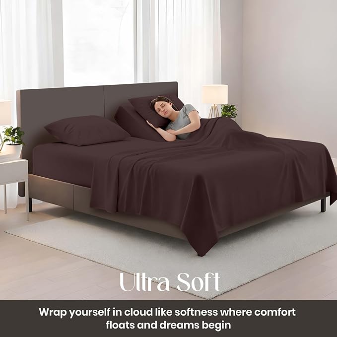 SGI bedding 36" King Split Top Flex Head Sheet Set 1800 Threads Flex Top Sheet for Adjustable Bed 4 Piece Sheet Set 15" Deep Pocket for Sleep Number Bed - Chocolate