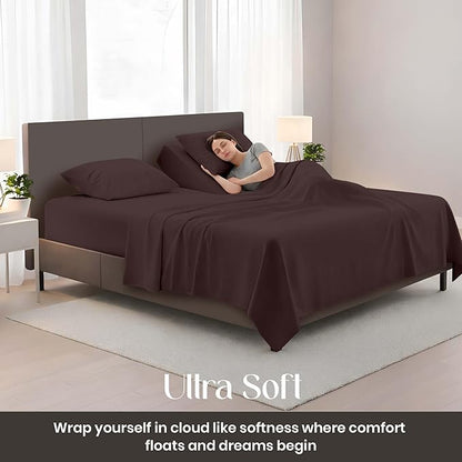 SGI bedding 36" King Split Top Flex Head Sheet Set 1800 Threads Flex Top Sheet for Adjustable Bed 4 Piece Sheet Set 15" Deep Pocket for Sleep Number Bed - Chocolate