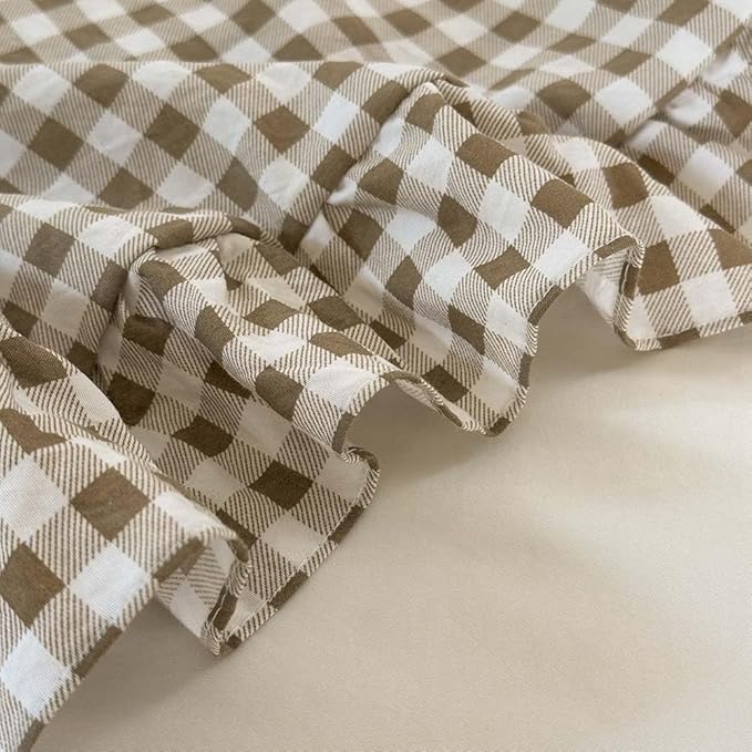 NSNLGSGC Tan Ruffle Gingham Comforter Set King, Pre-Washed Ruffled Taupe Plaid Checked Comforter Bedding, 3 Pieces Vintage Farmhouse Grid Bedding Set(Tan Gingham, King)
