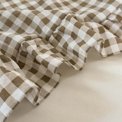 NSNLGSGC Tan Ruffle Gingham Comforter Set King, Pre-Washed Ruffled Taupe Plaid Checked Comforter Bedding, 3 Pieces Vintage Farmhouse Grid Bedding Set(Tan Gingham, King)