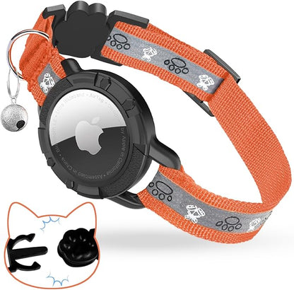 Breakaway AirTag Cat Collar, Reflective Cat Tracker Collar with Bell | Built in AirTag Holder, Adjustable 8.5-12in for Cats, Kittens and Puppies, Safety Elastic Band, Reflective for Night Walking