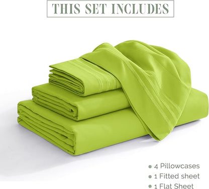 Elegant Comfort Luxurious 1500 Premium Hotel Quality Microfiber Three Line Embroidered Softest 4-Piece Bed Sheet Set, Wrinkle and Fade Resistant, King, Lime