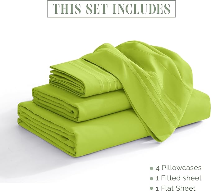 Elegant Comfort Luxurious 1500 Premium Hotel Quality Microfiber Three Line Embroidered Softest 4-Piece Bed Sheet Set, Wrinkle and Fade Resistant, Queen, Lime