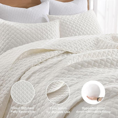 HORIMOTE HOME Cream Quilt Queen Size, Lightweight Quilts for Summer Ultra-Soft Microfiber Modern Style Quilted Clouds Pattern Bedspread Quit Set 3 Pieces(1 Quilt and 2 Pillow Shams)