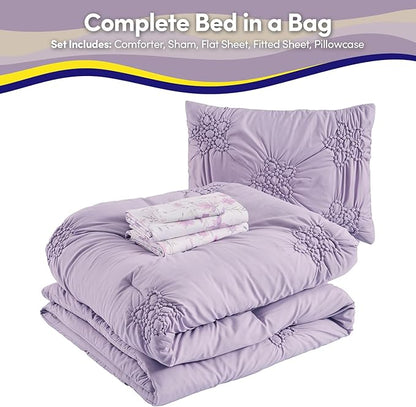 Floral Pintuck Comforter Set Twin Size – Bed in a Bag with Sheets, Pillowcases & Shams – Soft Stylish Sports Bedding – All Season Boys Basketball Bed Set