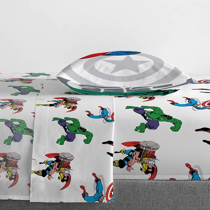 Jay Franco Kids Sheet Cartoon Set with Fitted, Flat Sheets & Pillow Cover - Ultra-Soft Bedding with Pillowcase for Room Decor, White - Avengers, 3 Piece Twin