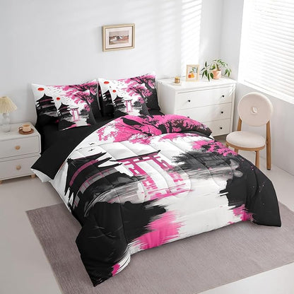 Erosebridal Japanese King Comforter Set 7 Piece Sun Cherry Blossom Bedding Set for Teen Girls Women Watercolor Pink Black Mountain Sakura Floral Bed in A Bag Asian Chinese Ink Anime Sheet Set