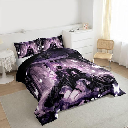 Erosebridal 3D Girly Kids Comforter Set | Japanese Girl Bedding King,Anime Gifts Down Comforter Purple Dreamy Butterfly Print Duvet Set for Bedroom