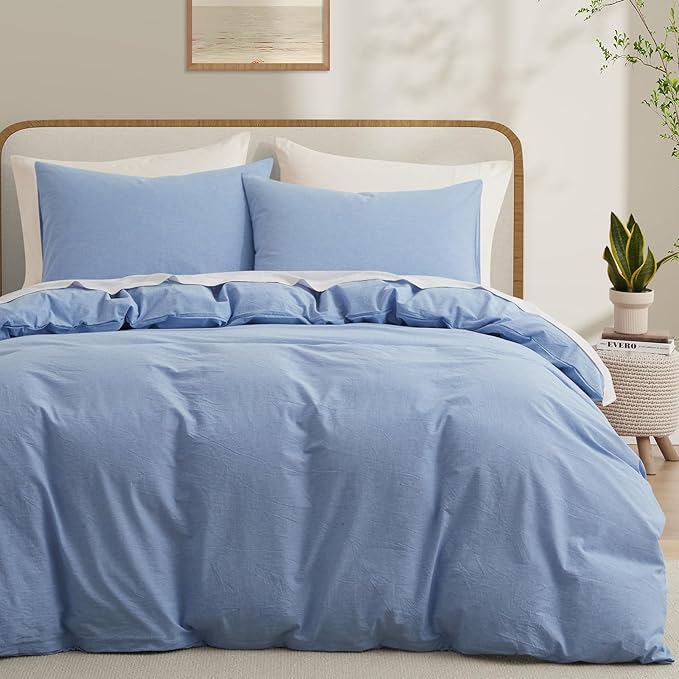 LOVQUE Light Blue Duvet Cover Full Size, 100% Washed Cotton Linen Like Bedding Set with Zipper Closure (No Comforter), 80x90 Inches