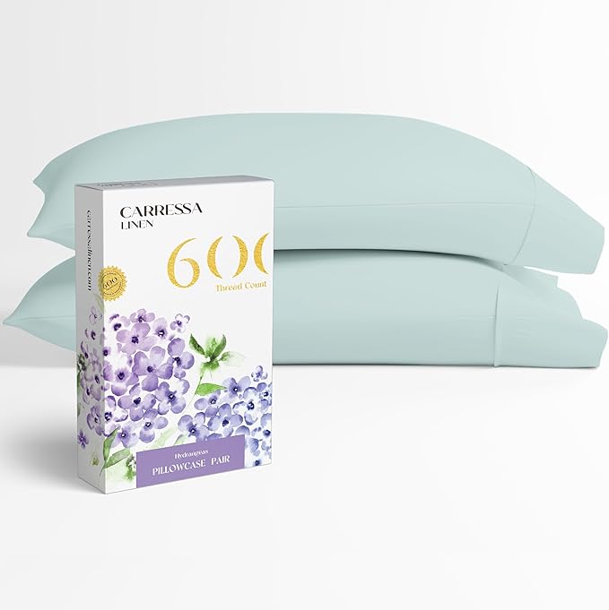Carressa Linen 100% Egyptian Cotton Pillow Cases King Size Set of 2 - Luxury 600 Thread Count King Size Pillowcases (Sea Foam), Silky Soft, Cooling, Breathable Sateen Weave Hotel Quality Pillow Covers