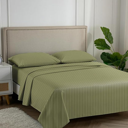 Carressa Linen 100% Egyptian Cotton King Size Sheet Set - Striped 600 Thread Count Egyptian Cotton Sheets King Size (Sage Green), Silky Soft, Cooling, Sateen Weave 16" Deep Pocket Damask Hotel Sheet