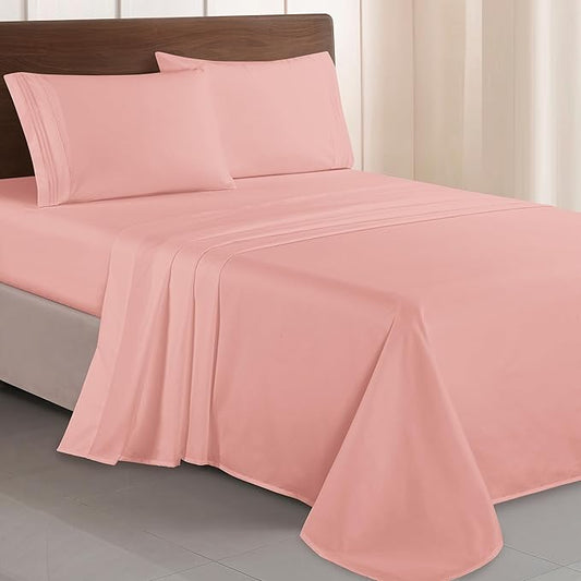 Elegant Comfort Luxurious 1500 Premium Hotel Quality Microfiber Three Line Embroidered Softest 4-Piece Bed Sheet Set, Wrinkle and Fade Resistant, King, Dusty Rose