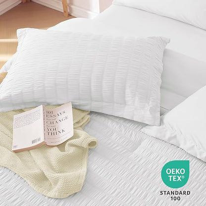 MUXHOMO 5 Pieces Twin XL Comforter Set, Seersucker Bed in a Bag Twin XL Size, All Season Luxury Bedding Set with Comforter, Flat Sheet, Fitted Sheet, Pillowcase & Sham, White