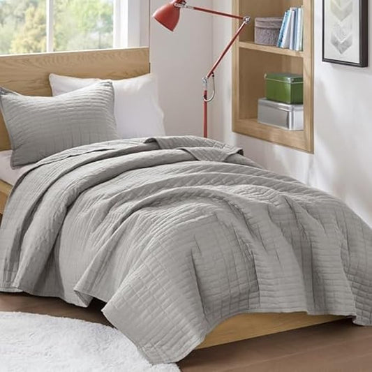 Comfort Spaces Kienna Quilt Set- Double Sided Stitching Design Summer Blanket, Lightweight, Soft, All Season Bedding Layer, Matching Sham, Grey, Coverlet Twin/Twin XL(66"x90") 2 Piece