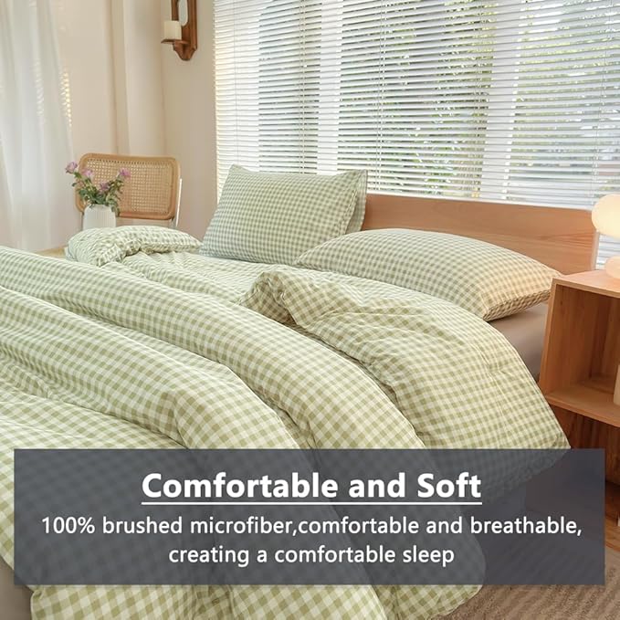 NSNLGSGC Twin Comforter Set, Sage Green Gingham Bedding Sets, Green Grid Bed Comforter 2 Pieces (1 Comforter, 1 Pillowcase)