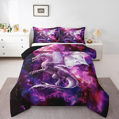 Flying Dragon Comforter Set Queen Size,Galaxy Outer Space Bedding Set for Kids Boys Teens Adults Room Decor,Starry Sky Western Magical Animal Duvet Insert 3Pcs,Nebula Glitter Quilt Set,2 Pillowcases