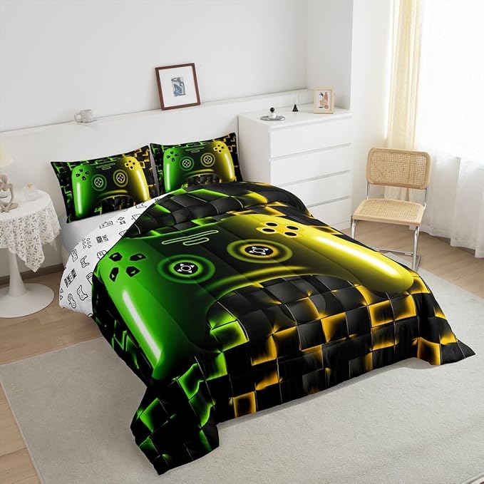 Erosebridal Gamer Comforter Sets for Boys,Queen Size Bedding Sets for Boys Girls Kids 3D Gaming Geometric Comforter,Game Console Lightweight Microfiber Duvet Quilt,Neon Yellow Black Green Glowing