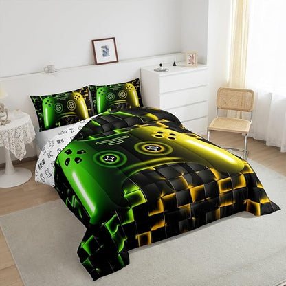 Erosebridal Gamer Comforter Sets for Boys,King Size Bedding Sets for Boys Girls Kids 3D Gaming Geometric Comforter,Game Console Lightweight Microfiber Duvet Quilt,Neon Yellow Black Green Glowing