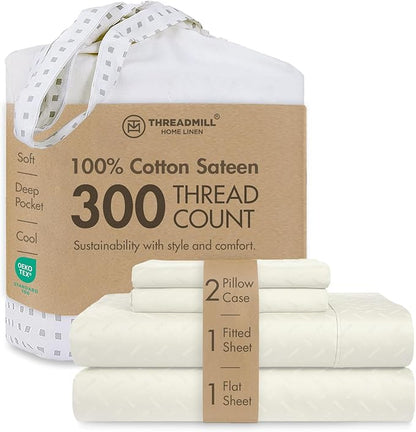 Threadmill Cotton Queen Sheet Set | 100% Cotton Sheets for Queen Size Bed | Damask Jacquard Queen Bed Sheets Set with 16” Deep Pocket | Soft Sateen Weave 4-Piece Cooling Bedding Set | Ivory