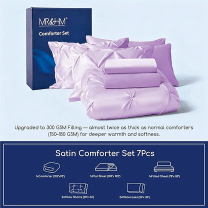 MR&HM Satin Comforter King 7 Pieces - Luxurious Pinch Pleat Bedding Set with Comforter, Flat Sheet, Fitted Sheet, Pillowcases & Shams, Super Silky Soft Bed Set for All Season (King, Lilac)