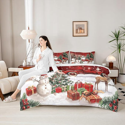 Castle Fairy Farmhouse Christmas 7 PCS Comforter Set,Xmas Truck Cute Snowman Bedding Set for Kids Girls,Rustic Pine Tree Deer Bed in a Bag with Comforter,Sheets and Pillow Cases,Full