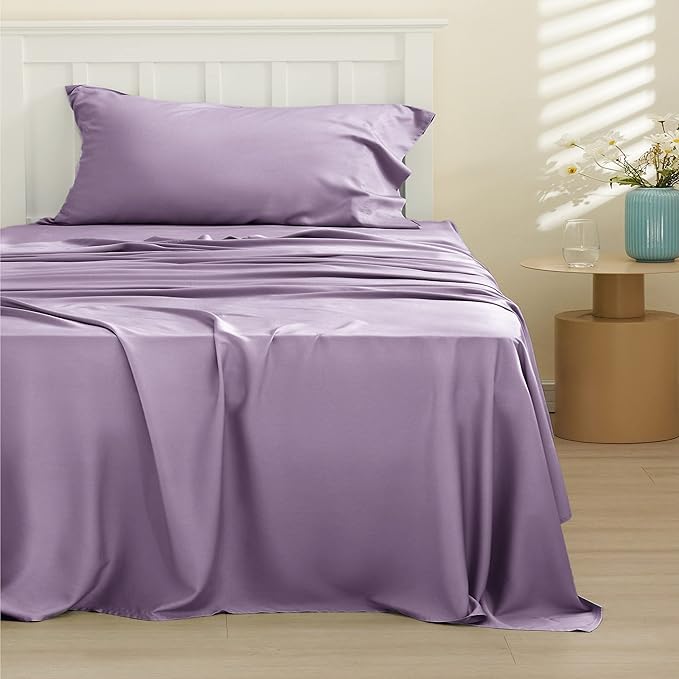 Bedsure Cooling Sheets Twin, Rayon Derived from Bamboo, PureWoven, Breathable & Soft Twin Sheets Set, Deep Pocket Up to 16 Inches, Hotel Luxury Silky Bedding for Hot Sleepers, Lilac