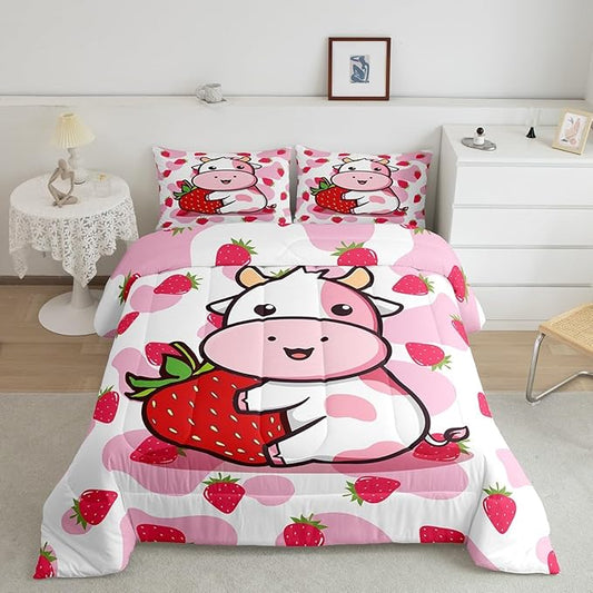 Feelyou Milk Cow Comforter Pink White Cow Strawberry Pattern Comforter Set Bedding Set for Kids Adults Kawaii Girls Milk Cow Print Duvet Set Ultra Soft Room Decor Toddler Size Quilt Set