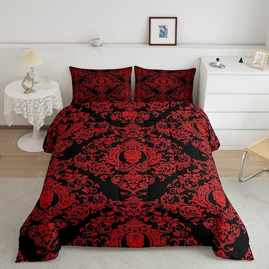Feelyou Adults Red Vintage Damask Floral Comforter Set Oriental Antique Comforter Full Size Gothic Bohemia Boho Bedding Set Exotic Sugar Skull Duvet Set Quilt Set 3Pcs