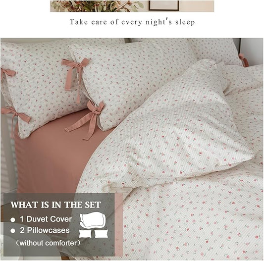 VM VOUGEMARKET Full Duvet Cover Set,3 Pieces Pink Flower Stripes Prints Duvet Cover with 2 Bowknot Pillowcases Vintage Floral Bedding Set Full Size 80"x90",Off-White/Cream