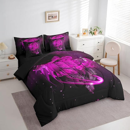 Erosebridal Gothic Dragon Dream Catchers Bed in a Bag King Size Comforter Set 7 Pieces,Peach Fuchsia Galaxy Bohemian Feather Bedding Sets Antique Animal Pterosaur Sheet Set with Comforter
