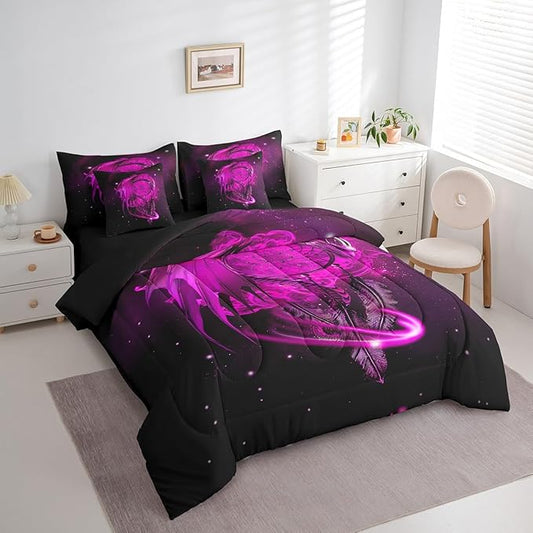 Erosebridal Gothic Dragon Dream Catchers Bed in a Bag Queen Comforter Set 7 Piece,Peach Fuchsia Galaxy Bohemian Feather Bedding Sets Antique Animal Pterosaur Sheet Set with Comforter