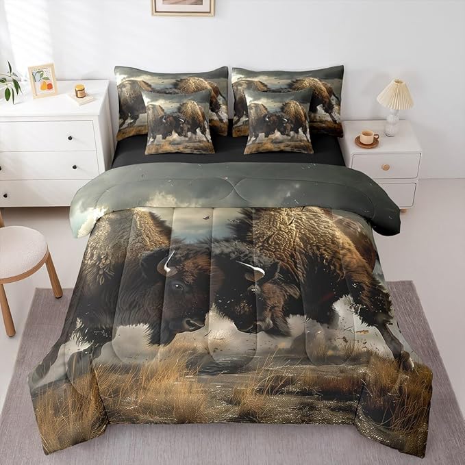Erosebridal Indian Bison Comforter Set 7 Piece Bed in a Bag Twin,Bullfight Competitive Sports Bedding Sets Bull Western Animals Sheet Set with Comforter