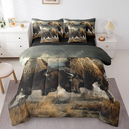 Erosebridal Indian Bison 7 Piece Comforter Set Full Bed in a Bag,Bullfight Competitive Sports Bedding Sets Bull Western Animals Sheet Set with Comforter