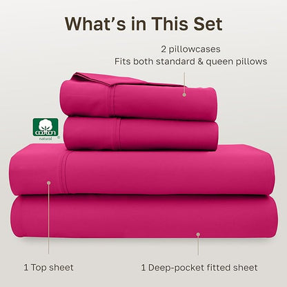 California Design Den Queen Bed Sheets Set - 400 Thread Count Sateen, Natural 100% Cotton Queen Size Sheet Set, Deep Pockets with All Around Elastic, Soft, Durable Bedding - Hot Pink