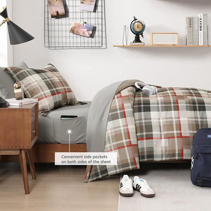 MaiRêve Twin XL Comforter Set, Plaid Design Comforter Set 5 Pieces,Twin XL Comforter for Dorm Farmhouse All Season Lightweight &Comfy with Fitted Sheet, Flat Sheet (Khaki, 66"x90")