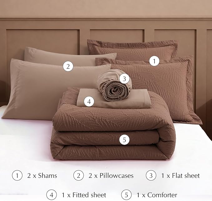 Geniospin Queen Comforter Set - 7 Pieces Brown Textured Queen Bedding Sets with Comforter, Sheets, Pillowcases & Shams, All Season Brown Bedding
