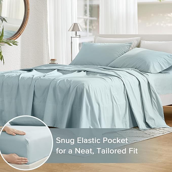 Comfort Spaces 100% Cotton Sheets Twin XL, Breathable, Soft Cotton Sheets, Naturally Cool Cotton Bed Sheets,12" Elastic Pocket Fits up to 14" Mattress, All Season Sheet Set, Twin XL Light Blue 3 Piece