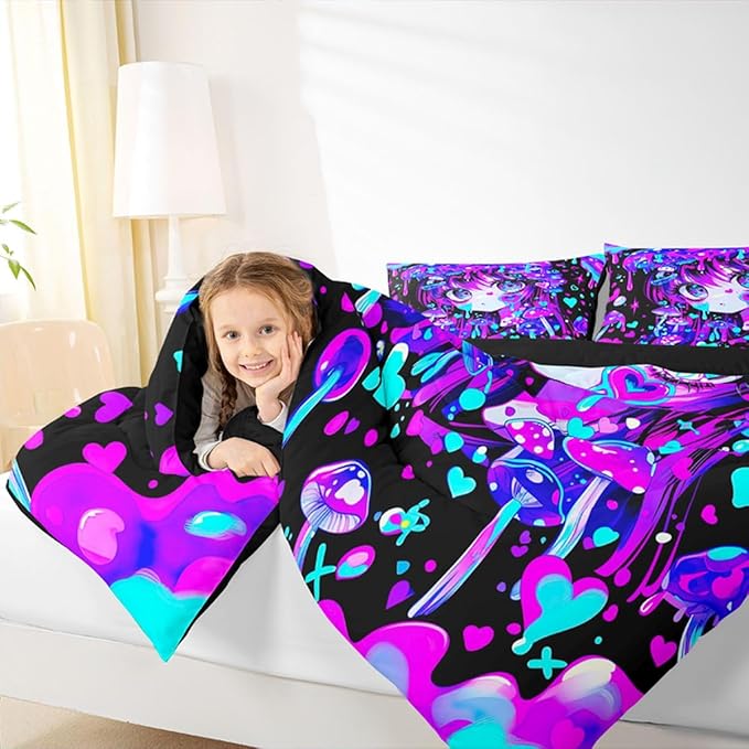 Erosebridal Japanese Girl Bedding King,Cartoon Girly Comforter Set 3D Anime Gifts Bed Sets Colorful Graffiti Print Duvet Insert 3 Pieces