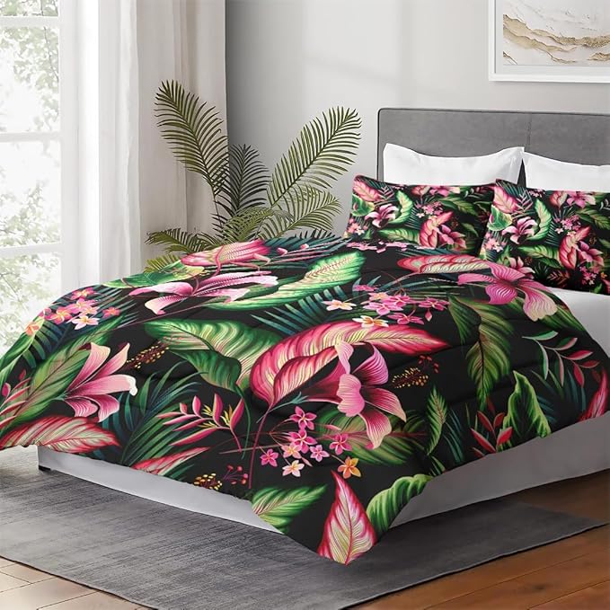 Queen Size Comforter Set with 2 Pillowcases, Tropical Leaves Flower Hibiscus Soft 3 Pcs Bedding for Kids and Adults Bedroom Bed Decor
