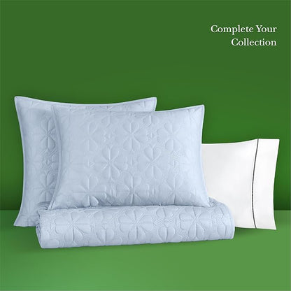 kate spade new york Spade Floral 3-Piece Full Queen Quilt Bedding Set, 100% Cotton Sateen Reversible Cover, All Season Warmth Bedding, Machine Washable, Halogen Blue
