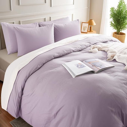 NEXHOME PRO Duvet Cover Set 100% Washed Cotton Kids Twin XL 66"x92", Organic Natural Linen Like Textured 2 Pieces Bedding Set Lavender Lilac with Zipper Closure, Corner Ties, Breathable (No Comforter)