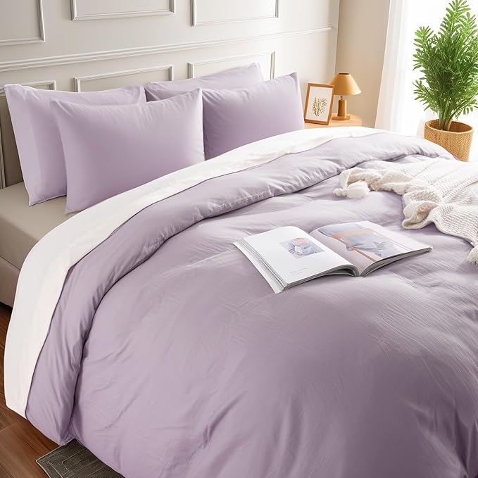 NEXHOME PRO Duvet Cover Set 100% Washed Cotton Oversized King 120"x98" Linen Feel Textured Organic Natural 3 Pieces Bedding Set Lavender Lilac Purple with Zipper Closure, Breathable(No Comforter)